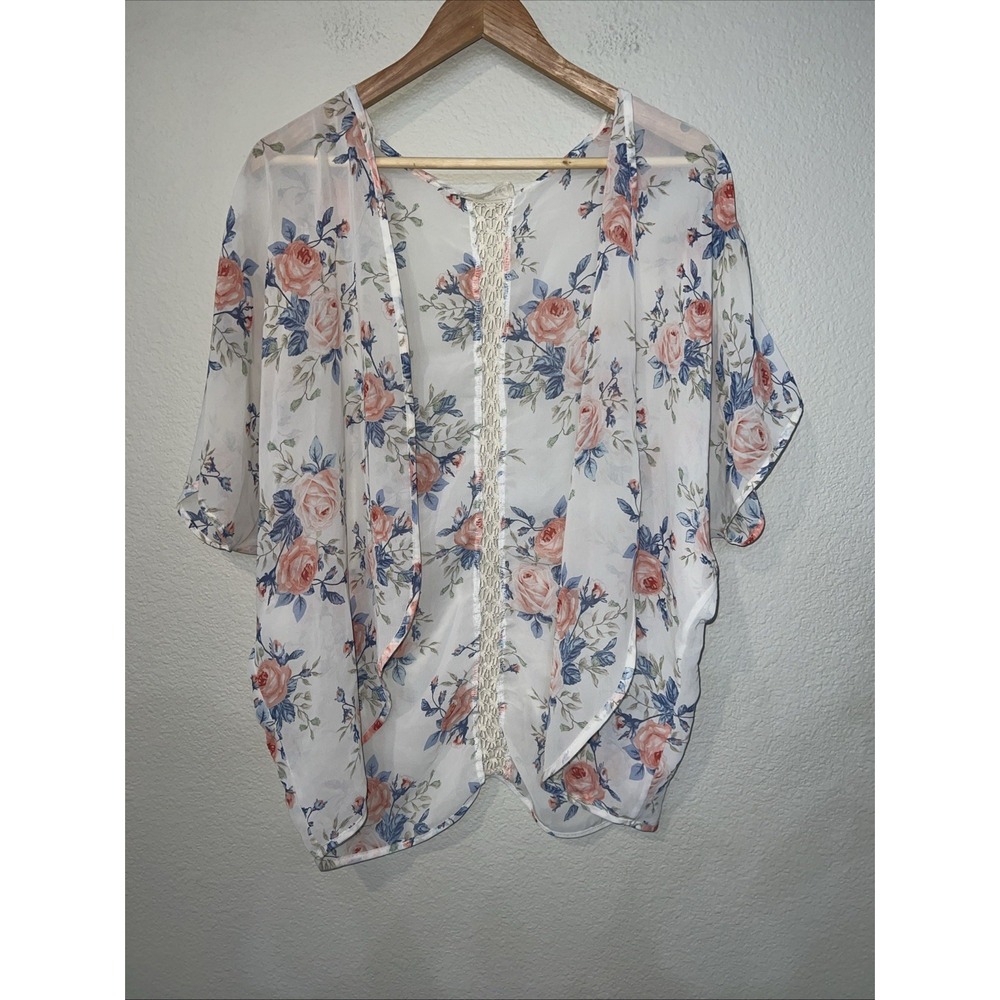 Olive Tree Boho WHITE FLORAL Embroidered Open Front Duster Cardigan LARGE